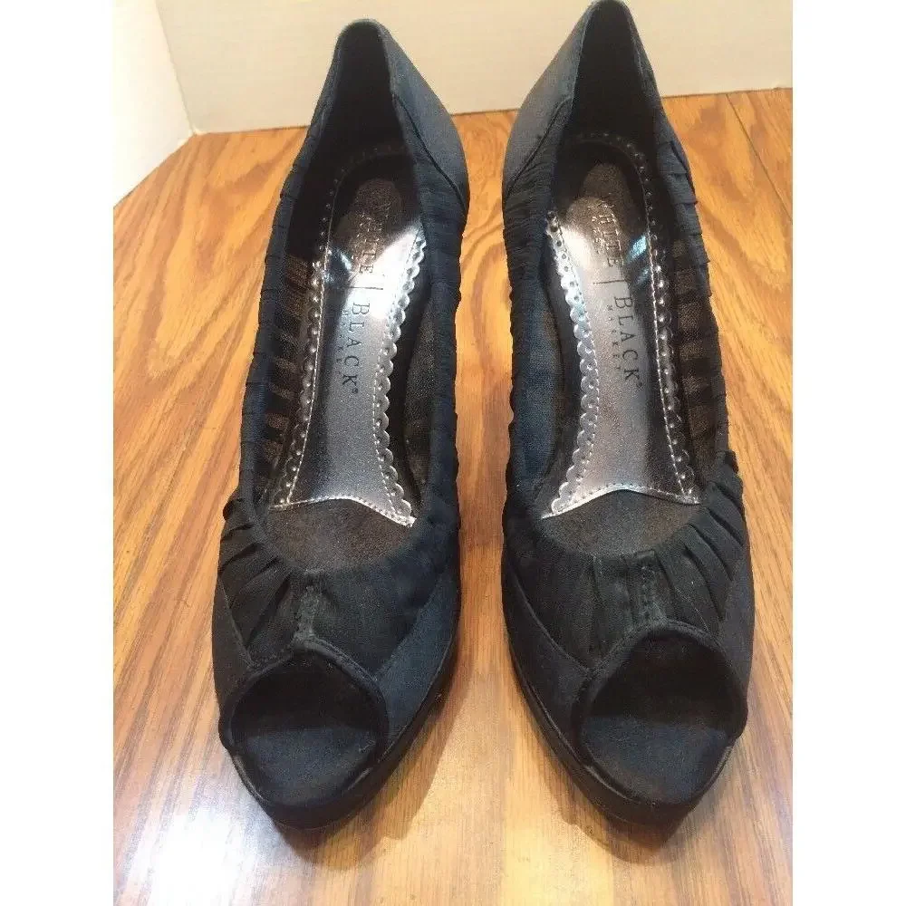 WHBM Shoes Womens 8M Black Satin Fabric High Heel Open Toe Platform Pumps Prom‎